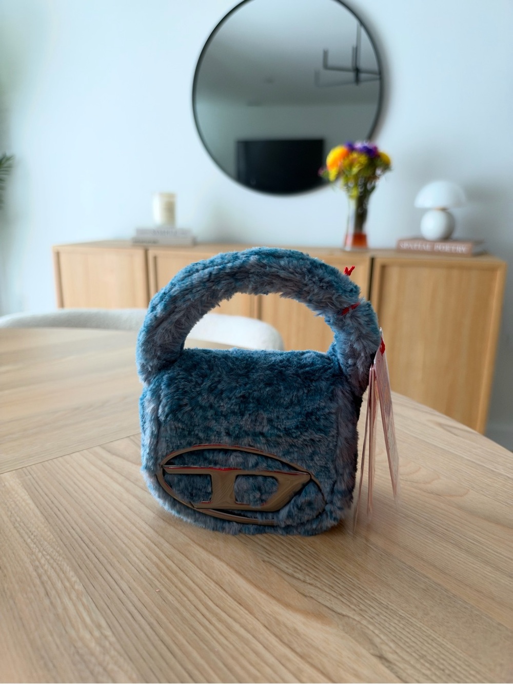 Diesel Plush Teal Faux-Fur Mini Top-Handle Bag